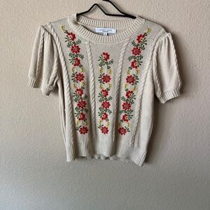 Sweet Rain Cream Knit Top with Red & Green Floral Embroidery